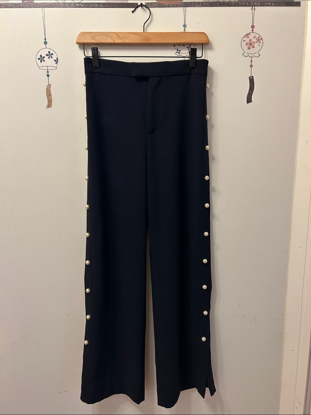 Zara Navy Wide Leg Pants with Pearl Side Trim
